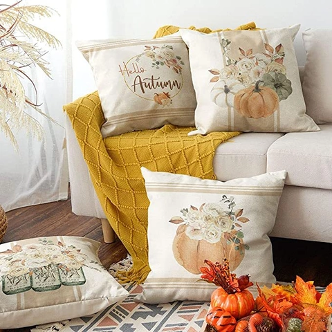 Leinen Herbst Erntedankfest Kissenbezüge Aquarell Kürbis Blume Herbst Dekorative Kissenhülle Für Sofa Wohnzimmer Heim