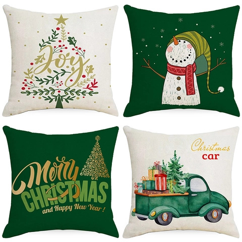 Christmas Linen Throw Pillow Cover Green Snowman Christmas Tree Vintage Truck Joy Decorative Cushion Case For Sofa Home Decor