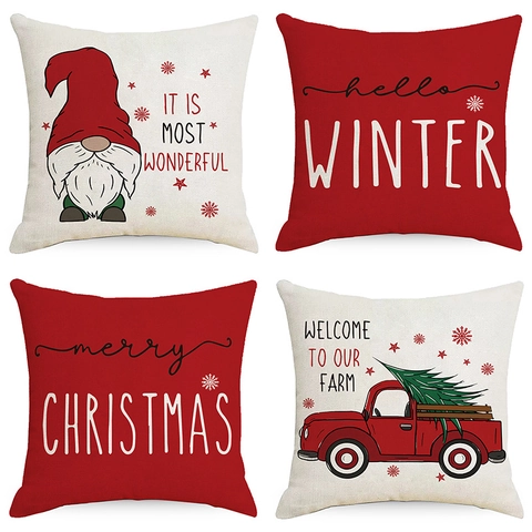 Red Christmas Pillowcase Linen Decorative Cushion Cover Merry Christmas Gnome Truck Winter Farmhouse Home Decor Square Case