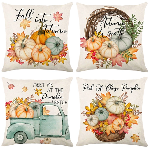 Thanksgiving Autumn Pumpkin Linen Pillow Case Fall Maple Leaf Decorative Throw Pillowcase For Sofa Home Decor Farmhouse