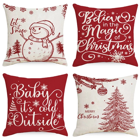 Fundas De Cojín De Lino Rojo De Navidad Patrón De Copos De Nieve Muñeco De Neve Decoración Nórdica Cuadrada Para Sofá