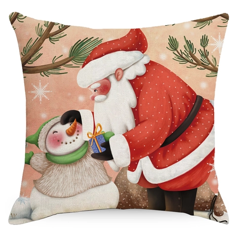Christmas Linen Pillowcase Santa Claus Snowman Reindeer Print Square Cushion Cover For Sofa Living Room Holiday Home Decoration