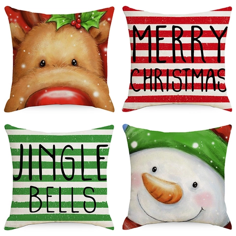 Funda de Almohada de Lino con Estampado de Dibujos Animados de Navidad Muñeco de Nieve Reno Rayas Letras Funda de Cojín