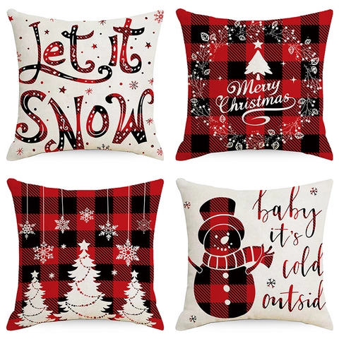 Weihnachten Karo Kissenbezug Polyester Rot Buffalo Karo Kissenhülle Schneemann Weihnachtsbaum Druck Winter Haus Deko