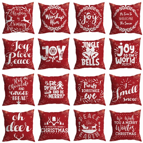 Kerst Rode Kussenhoes Polyester Perzikhuid Bedrukt Rendier Sneeuwvlok Letter Patroon Decoratieve Kussensloop Voor Sofa Auto Huis Kerstmis Feest Decor