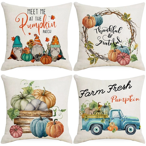 Erntedankfest Herbst Kürbis Truck Wichtel Deko Kissenbezug Polyester Leinenoptik Quadratische Kissenhülle Für Zuhause Deko