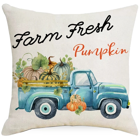 Erntedankfest Herbst Kürbis Truck Wichtel Deko Kissenbezug Polyester Leinenoptik Quadratische Kissenhülle Für Zuhause Deko