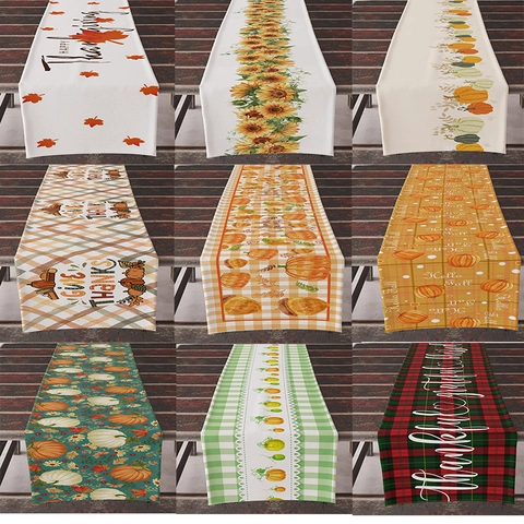 Chemin de Table en Lin Action de Grâce Automne Moisson Citrouille Feuille d'Érable Imprimé Plaid Nappe de Table Maison