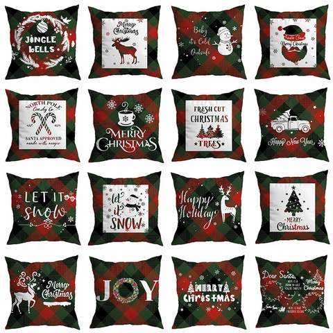Christmas Plaid Throw Pillow Case Polyester Red Green Buffalo Check Square Cushion Cover Merry Christmas Xmas Decor Home