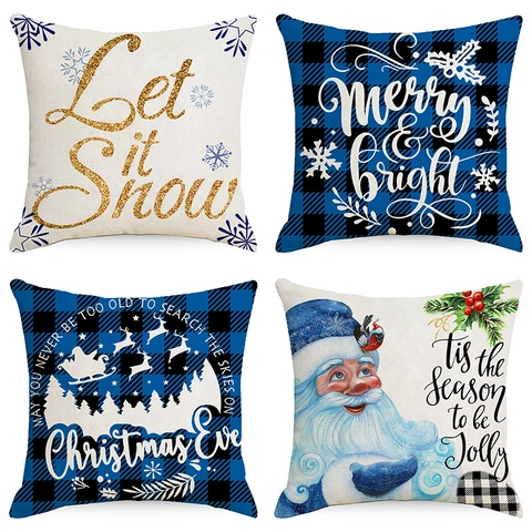Christmas Blue Buffalo Plaid Santa Claus Reindeer Printed Square Pillowcase Polyester Sofa Cushion Cover Home holiday Decor