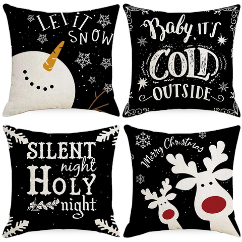 Federa Decorativa Natalizia Con Pupazzo di Neve e Renna Poliestere Nero Fodera per Cuscino Quadrata Decorazione Casa