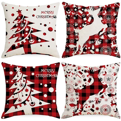 Christmas Buffalo Plaid Pillow Cover Polyester Reindeer Tree Snowflake Printed Decorative Cushion Case For Sofa Home Decor