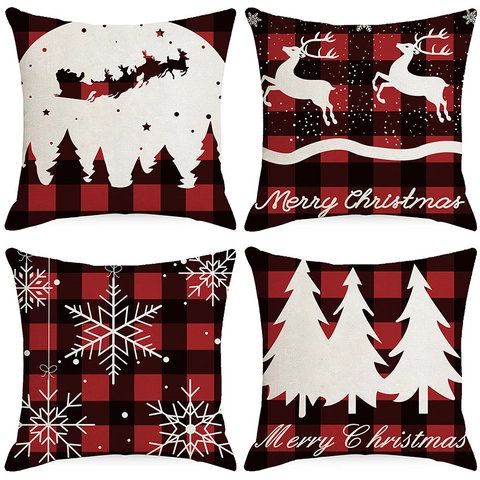 Christmas Buffalo Plaid Pillowcase Red Black Reindeer Santa Christmas Tree Printed Polyester Decorative Cushion Cover For Home Holiday Decor
