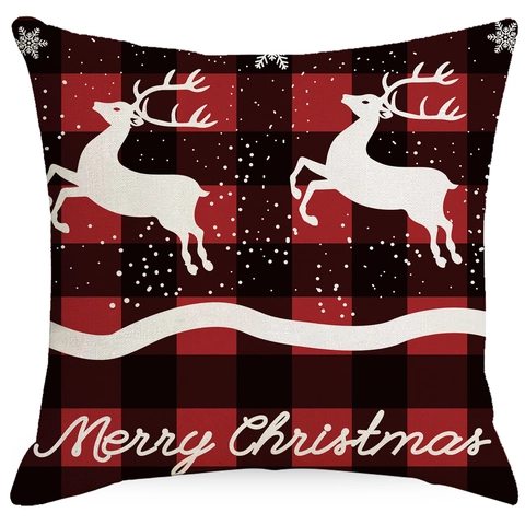 Christmas Buffalo Plaid Pillowcase Red Black Reindeer Santa Christmas Tree Printed Polyester Decorative Cushion Cover For Home Holiday Decor