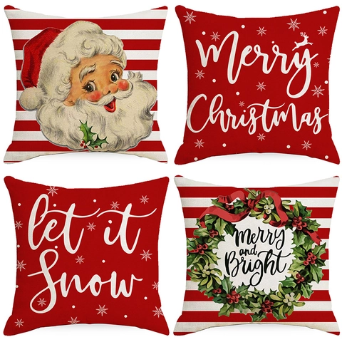 Weihnachten Kissenbezug Weihnachtsmann Girlande Druck Quadratisch Dekokissen Hülle Polyester Rot Weiß Deko