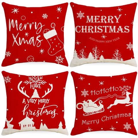 Roter Weihnachts Kissenbezug Polyester Bedruckt Rentier Schneeflocke Festlicher Quadratischer Kissenhülle Home Holiday Dekor