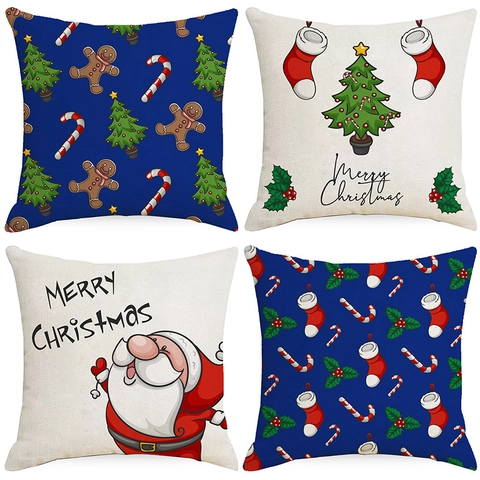 Funda de Almohada Decorativa de Navidad Azul Crema Papá Noel Hombre de Jengibre Estampada Cuadrada Funda de Cojín para Sofá Hogar