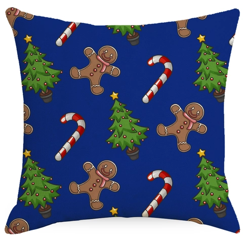 Funda de Almohada Decorativa de Navidad Azul Crema Papá Noel Hombre de Jengibre Estampada Cuadrada Funda de Cojín para Sofá Hogar