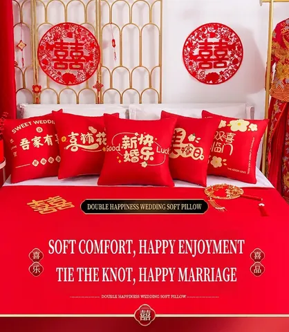 Traditionelle Chinesische Hochzeit Rot Zierkissen Polyester Kurzplüsch Kissenbezug Happy Wedding Süße Heimdekoration Kissen