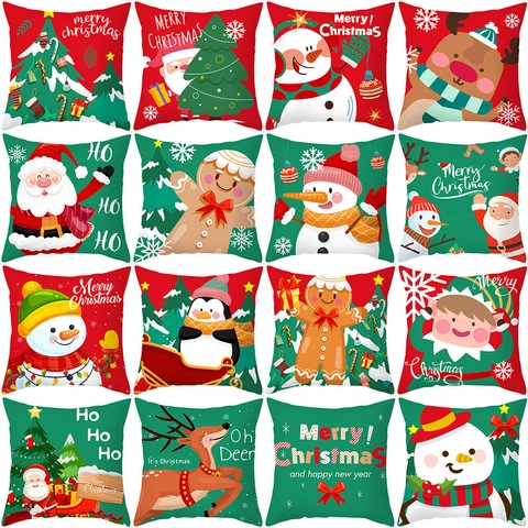 Kerstmis Cartoon Kussensloop Perzikhuid Polyester Bedrukt Kussenhoes Vierkant Kerstman Sneeuwpop Rendier Thuis Sofa Decor