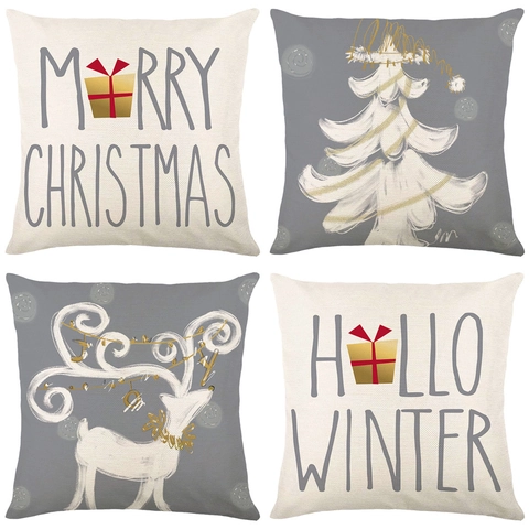 Christmas Pillowcase Polyester Minimalist Merry Christmas Hello Winter Reindeer Tree Printed Decorative Throw Cushion Cover For Home