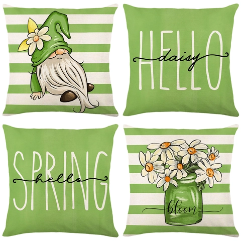 Fundas de Almohada Decorativas de Lino con Flores de Primavera y Gnomo para Sofá de Sala de Estar Estilo Granja Cuadrada