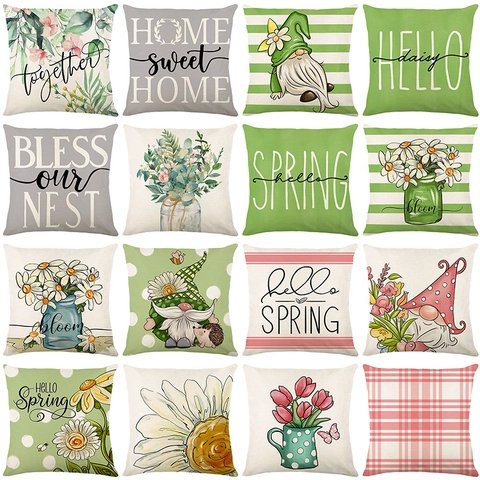 Fundas de Almohada Decorativas de Lino con Flores de Primavera y Gnomo para Sofá de Sala de Estar Estilo Granja Cuadrada