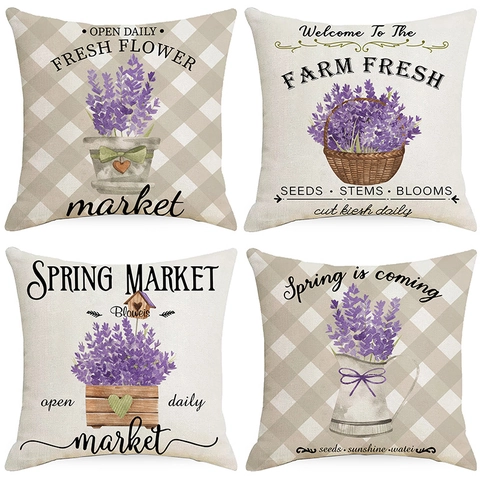 Housse de Coussin Décorative en Polyester Imprimé Floral Lavande Style Rustique Taie d'Oreiller pour Canapé Maison