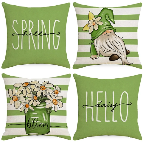 Polyester Spring Floral Printed Pillow Case Green White Striped Gnome Daisy Decorative Square Cushion Cover For Sofa
