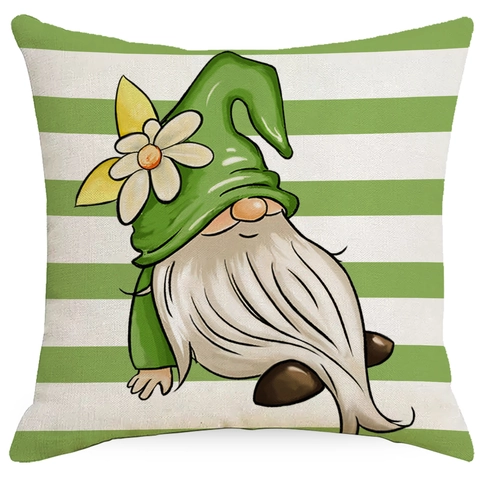 Polyester Spring Floral Printed Pillow Case Green White Striped Gnome Daisy Decorative Square Cushion Cover For Sofa