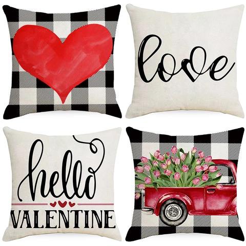 Valentine's Day Polyester Pillow Case Buffalo Plaid Red Heart Truck Letter Printed Cushion Cover For Sofa Living Room Home Decor