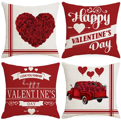 Valentijnsdag Rode Roos Hart Vrachtwagen Bedrukte Polyester Kussensloop Modern Romantisch Bank Home Decor Sierkussenhoes