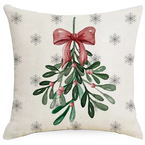 Taie d'Oreiller de Noël Aspect Lin Polyester Motif Sapin Flocon de Neige Housse de Coussin Décorative Canapé Maison