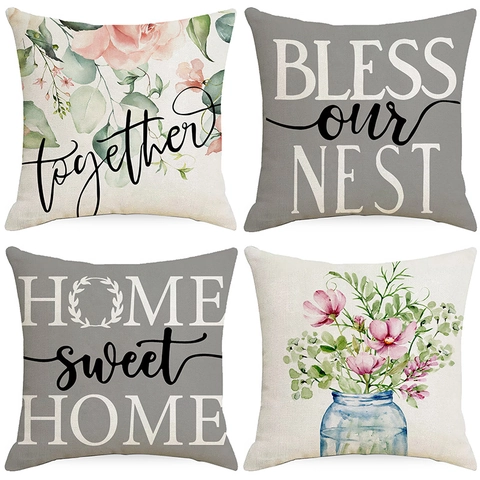 Funda de Almohada Decorativa de Poliéster Moderna Estampado de Letras Flores Botánicas Funda de Cojín para Sofá Sala Cuadrada