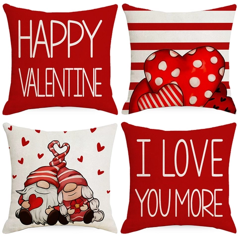 Valentine's Day Heart Gnome Print Polyester Pillow Case Modern Minimalist Decorative Cushion Cover For Living Room Bedroom Home