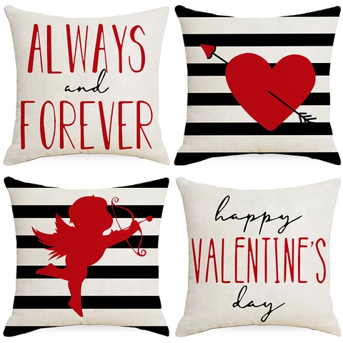 Noordse Valentijnsdag Kussensloop Polyester Linnen Look Hart Cupido Bedrukte Kussenhoes Voor Bank Huis Decoratie