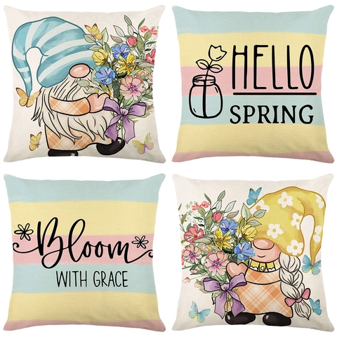 Spring Striped Printed Polyester Pillowcase Modern Gnome Floral Decorative Throw Cushion Cover For Home Living Room Decor