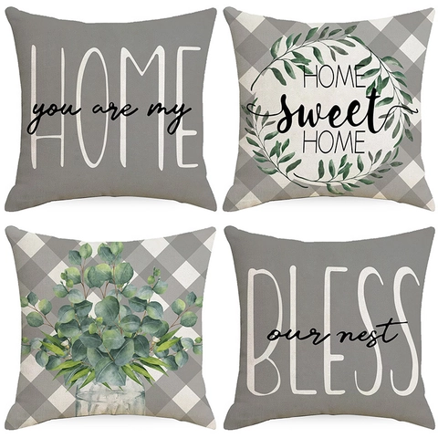 Fundas de Almohada Decorativas de Poliéster de Granja Moderna Hojas de Eucalipto Estampado de Letras Fundas de Cojín para Sofá Sala de Estar Decoración del Hogar