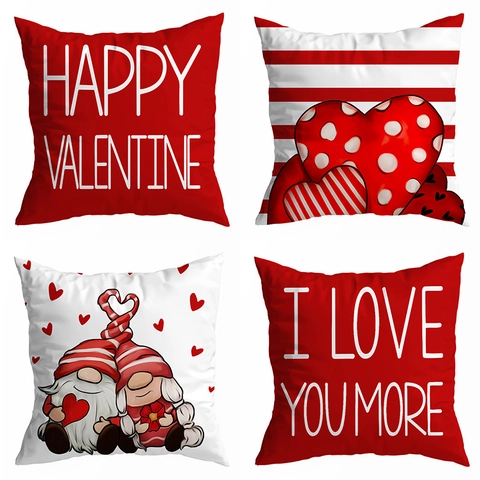 Valentine's Day Heart Gnome Printed Pillow Case Polyester Peach Skin Cushion Cover For Sofa Home Decor Valentine Gift