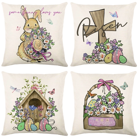 Osterhase Bedruckter Kissenbezug Polyester Leinentextur Frühlingsdekoration Kissenhülle Frohe Ostern Eier Heimdekoration