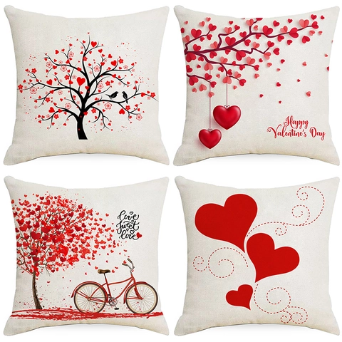 Valentine's Day Red Heart Tree Printed Polyester Throw Pillow Case Love Sweet Love Decorative Square Cushion Cover For Sofa Bedroom