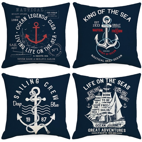 Nautical Anchor Sailboat Printed Pillow Cover Polyester Square Cushion Case For Home Sofa Car Nordic Vintage Style Decor