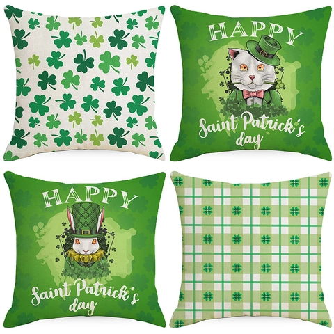 Saint Patrick's Day Pillowcase Green Shamrock Cotton Linen Cushion Cover For Sofa Living Room Decorative Pillow Case