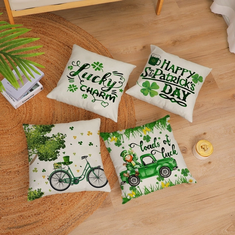 Federa Decorativa in Lino per San Patrizio Motivo a Trifoglio Verde Folletto Camion Copricuscino per Divano Casa