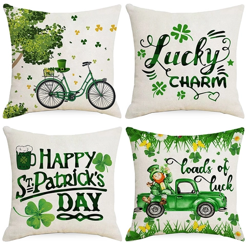 Federa Decorativa in Lino per San Patrizio Motivo a Trifoglio Verde Folletto Camion Copricuscino per Divano Casa