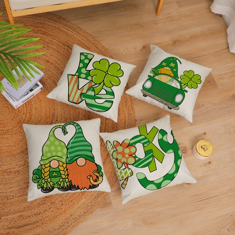 Fodera per Cuscino in Lino per San Patrizio Gnomi Trifoglio Camion Verde Stampa Decorativa per Divano Casa