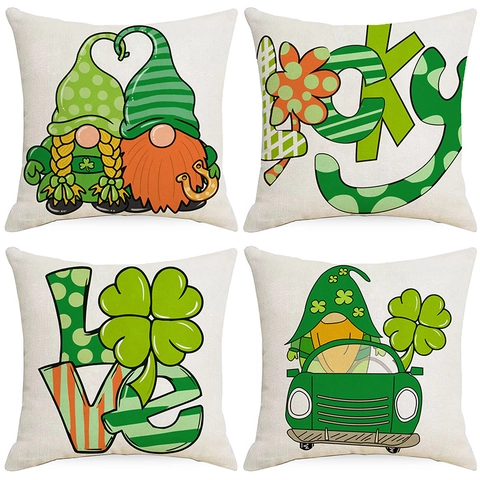 Fodera per Cuscino in Lino per San Patrizio Gnomi Trifoglio Camion Verde Stampa Decorativa per Divano Casa