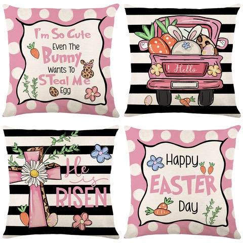 Federa per Cuscino in Lino di Pasqua con Camion Rosa Coniglietto Uova di Pasqua Federa Quadrata Decorativa per Divano Casa
