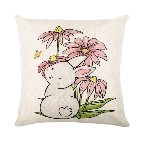 Easter Decorative Linen Pillow Covers Bunny Flower Pattern Pink Cushion Case For Sofa Home Living Room Bedroom Decoration