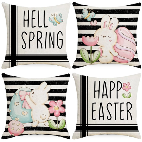 Ostern Hase Eier Streifen Leinen Kissenbezug Quadrat Dekokissenbezug Für Sofa Couch Home Decor